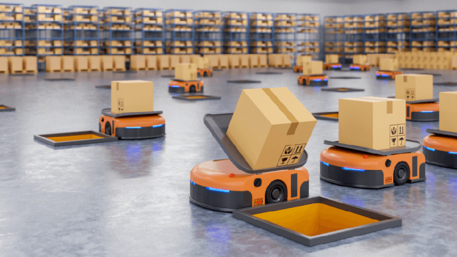 Automated Guided Vehicles (AVG) moving boxes
